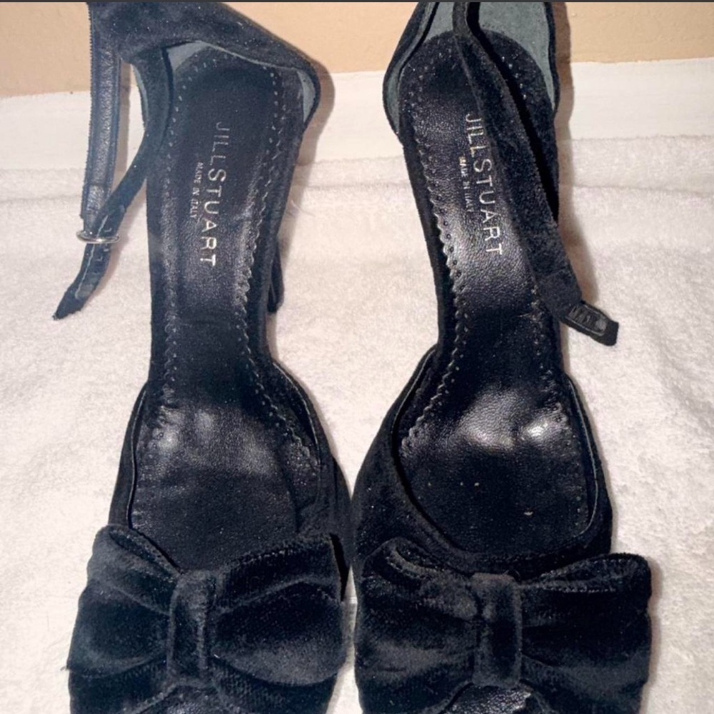 Jill Stuart Black Velvet Bow Ankle-Strap Heels with Buckle